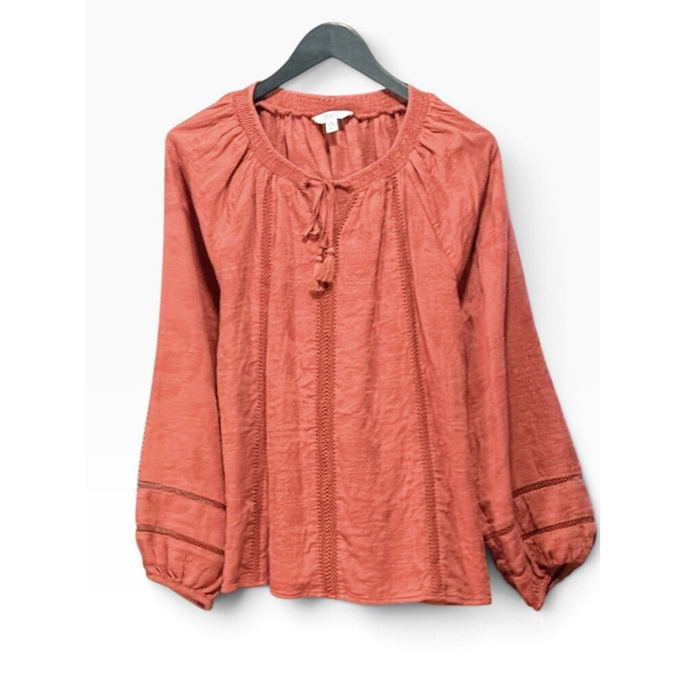 Time and Tru XL 16/18 Spiced Cider Peasant Blouse Cotton Rayon Tassel Tie Boho